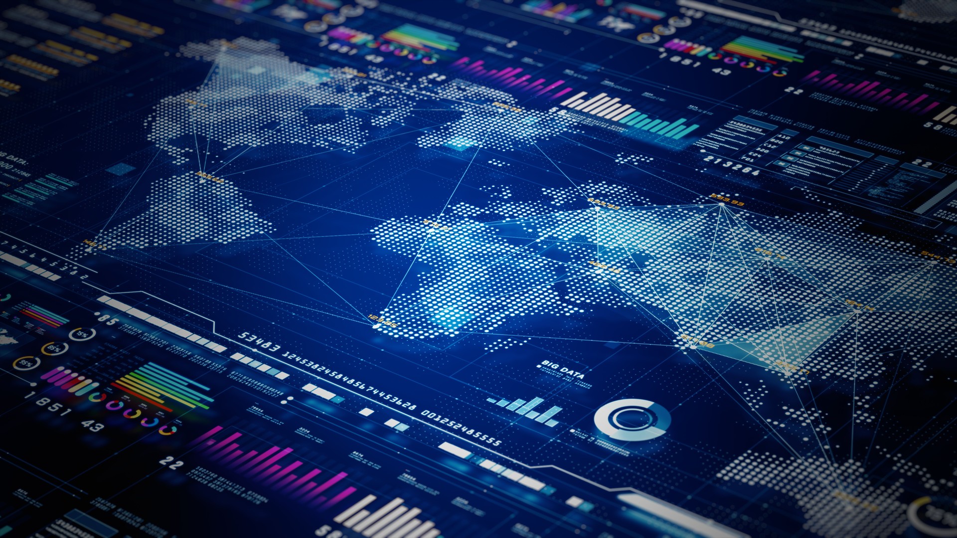 High-tech digital world map features data points, graphs, and global network connections. Technology digital big data and data analytics, Technology abstract background 3D Rendering