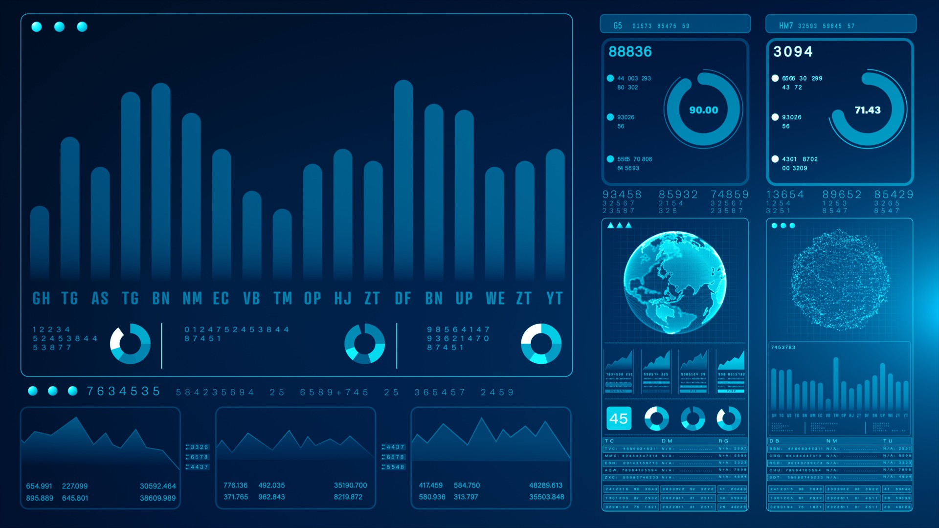 Futuristic digital dashboard interface with data charts, graphs, and a global map, Infographic business and financial investment, and Data analytics abstract background, 3d rendering
